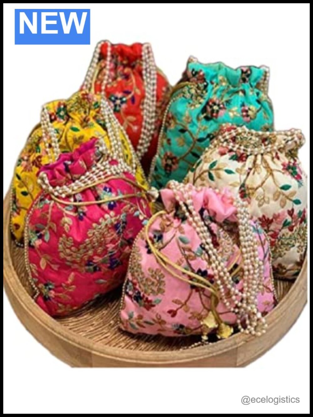 Handmade Embroidered Silk Potli Bag Pearl Handle Drawstring Clutch for Weddings